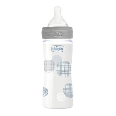 Бутылочка стекло Chicco Well-Being Physio, 240мл, соска силикон, 0м+, серый